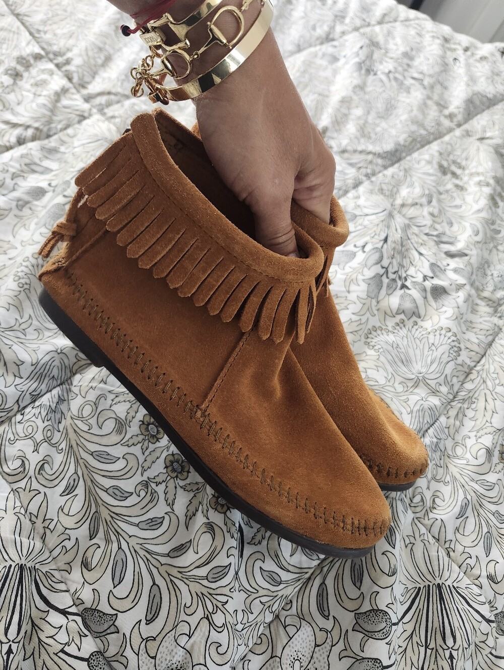 Minnetonka Fringe Suede Moccasins - Rustic Brown